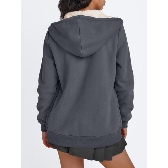 Womens Dark grey Fleece Lined Zip Up Hoodie Jacket Winter Sweatshirt Fall Coat - Picture 4 of 5